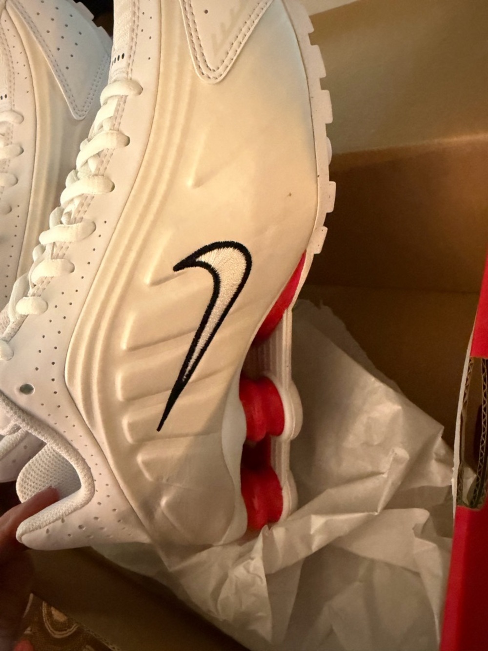 Nike White Sneakers with Black Swoosh and Red. 6youth boys but fits  8 women’s